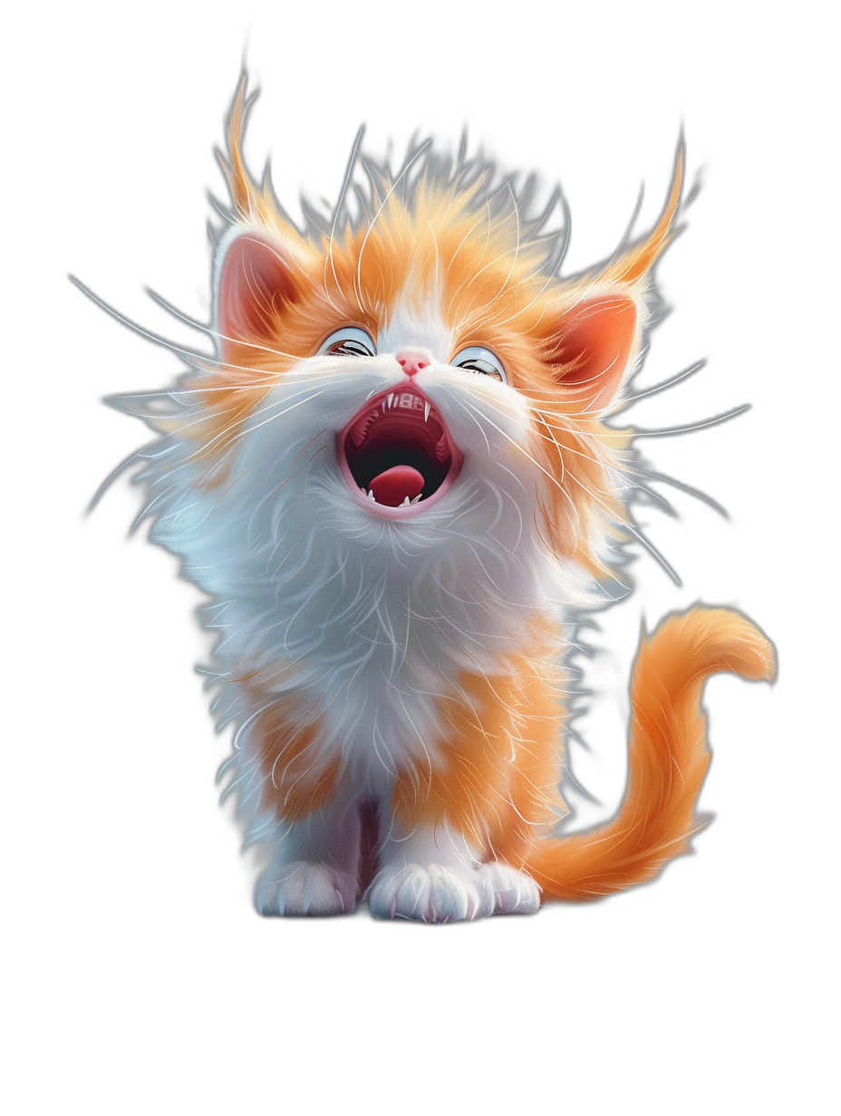 A cute happy orange and white kitten, laughing with its mouth open, fluffy hair blowing in the wind like an adorable baby cat against a pure black background, in the Pixar style, digital art in the style of Disney.