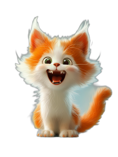 Cute orange and white kitten, smiling expression, black background, in the style of Disney style cartoon character design, 3D rendering, in the style of Pixar style, cute cat, fluffy fur, big eyes, long hair covering ears, full body, standing posture, showing teeth with sharp fangs, lively action, bright colors, soft lighting, lively atmosphere.