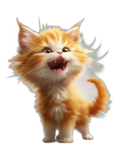 3d render of cute happy ginger kitten, full body shot, screaming in pure joy and excitement with big eyes and mouth open on black background,