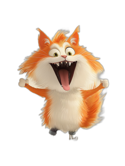 A full body shot of a happy, smiling orange and white fluffy cat, in the style of Pixar, in the style of Disney, as a cartoon character with big eyes and cute features jumping up on a black background, like an animated movie poster, with octane rendering, in the style of Pixar.