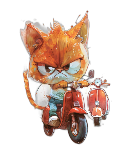 t-shirt design, cute chibi cat on scooter moped with angry face by [Tiago Hoisel](https://goo.gl/search?artist%20Tiago%20Hoisel), caricature-like, playful caricatures