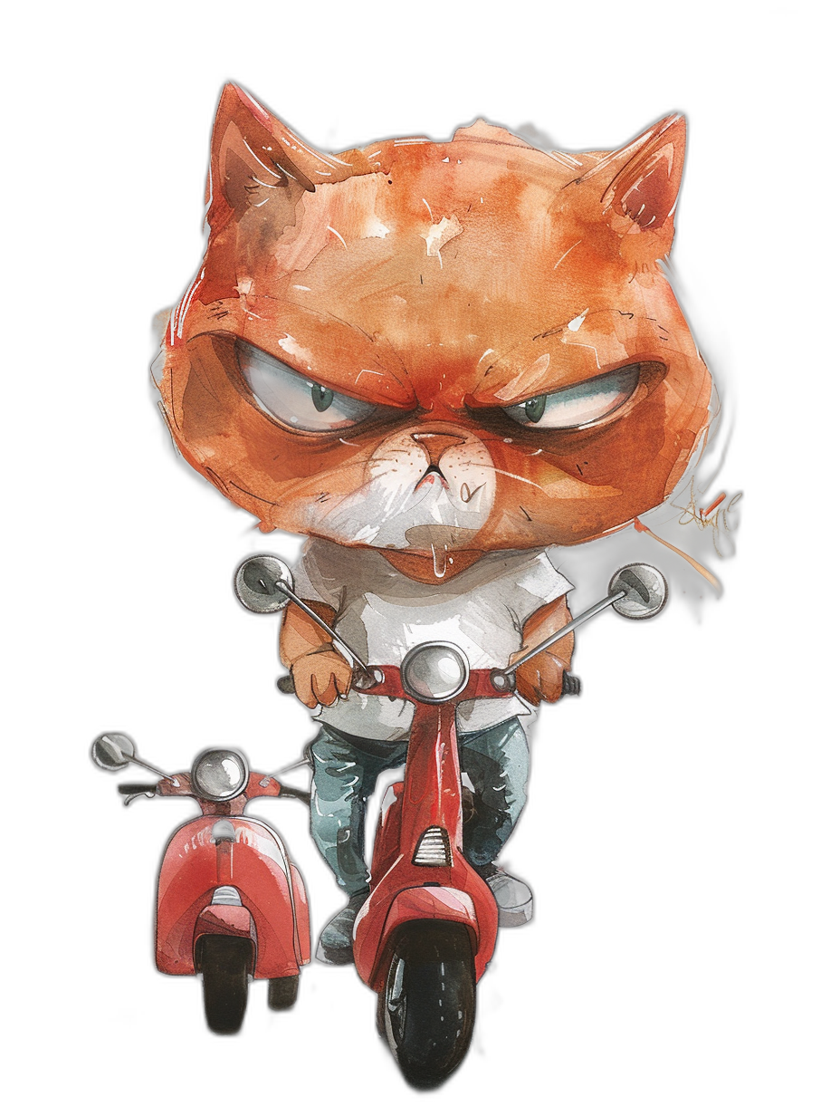 A cute grumpy orange cat in a white t-shirt, riding a red vespa motorcycle, in the style of Rainyuristic on pixiv. A simple watercolor clipart with a black background outline, full body, high detailed, cartoon style, in the style of Miyazaki Nausicaa of [Studio Ghibli](https://goo.gl/search?artist%20Studio%20Ghibli). Isolated by a clean pure deep black color background.