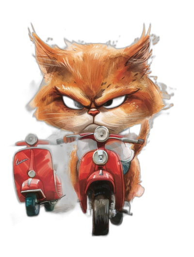 t-shirt design, cute angry cat riding red vespa scooter, black background, detailed drawing, portrait of an animal with grumpy expression, cartoon style, high contrast colors, vector art illustration, t anos Alexandra B_aarredes and j glamorous art styles, award-winning artwork, concept artist