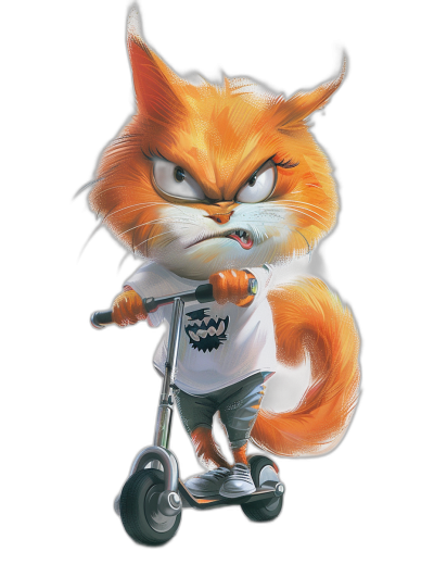 grumpy orange cat with an angry face, wearing a white t-shirt and black shorts riding a scooter, in the style of [Tiago Hoisel](https://goo.gl/search?artist%20Tiago%20Hoisel), caricature-like, playful caricatures with hyper-realistic details on a dark background