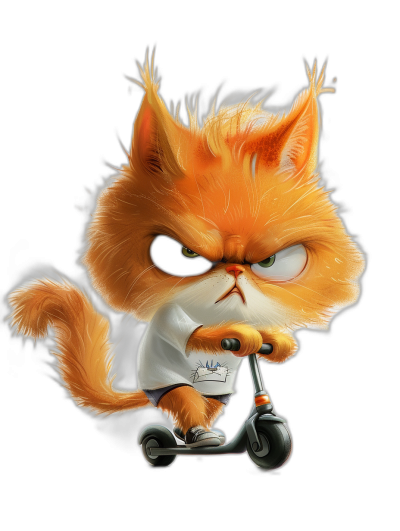 grumpy orange cat cartoon character wearing a white t-shirt and sweatpants, riding a scooter with an angry face, on a black background, in the style of Pixar