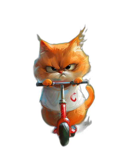 A cute orange cat in a white jersey with a red T-shirt is riding a scooter with an angry face against a black background in a cartoon style as digital art in the style of Pixar, Disney and [Ralph Steadman](https://goo.gl/search?artist%20Ralph%20Steadman). The cute character design has a fluffy feeling shown from the front view.