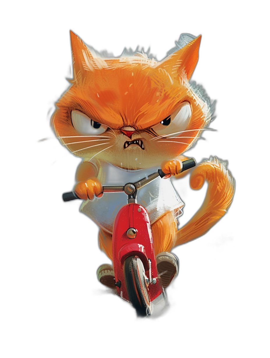 A cute orange cat, wearing a white t-shirt and blue jeans, riding a red scooter with an angry facial expression against a black background. Digital art in the style of Disney Pixar studio with an adorable character design shown in a full body shot. A cute cartoon illustration with high resolution.