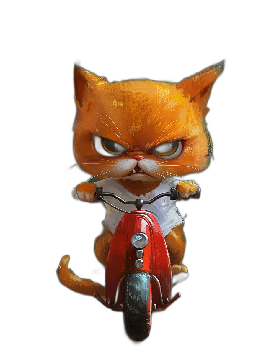 Cute cartoon cat riding a motorcycle with an angry expression, wearing a white T-shirt on a red scooter against a black background in a 3D rendered style similar to Pixar and Disney with a black and orange color scheme and high definition details at 2k resolution.