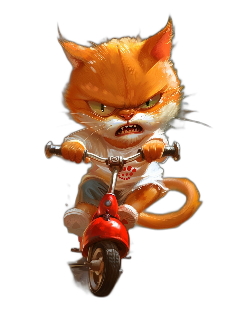 Character design of an angry orange cat riding on a red scooter, wearing a white t-shirt with a small logo and shorts, black background, concept art in the style of Pixar, cgsociety, character design in the Pixar style, cartoon, digital painting, illustration