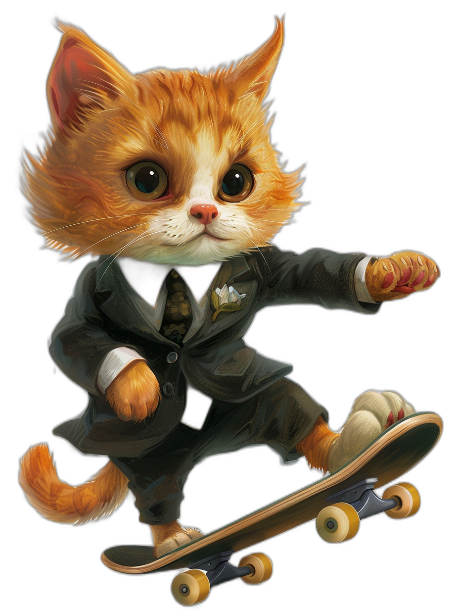 Illustration of a cute ginger cat in a suit, riding on a skateboard, against an isolated black background, in the style of [Lilia Alvarado](https://goo.gl/search?artist%20Lilia%20Alvarado) and in the style of [Jasmine Becket-Griffith](https://goo.gl/search?artist%20Jasmine%20Becket-Griffith).