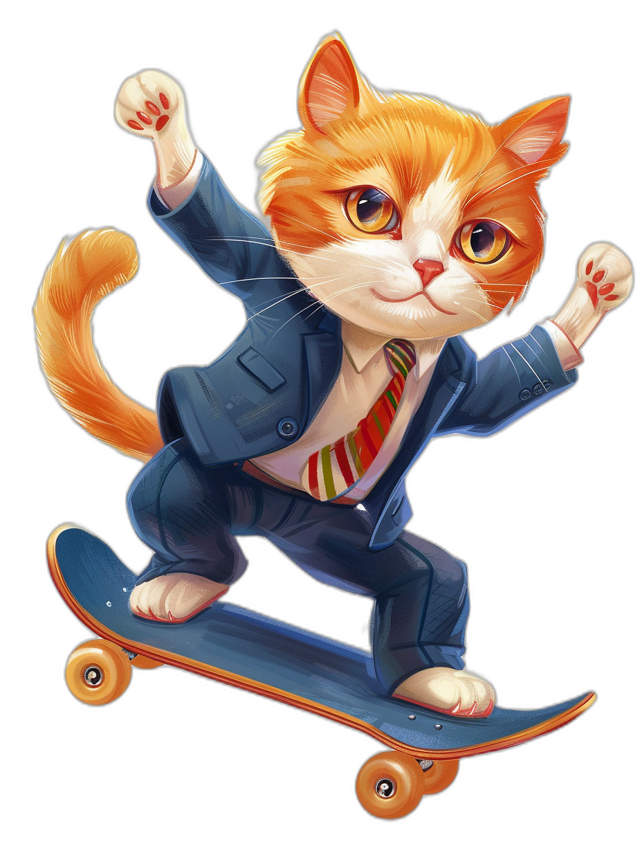 Illustration of a cute ginger cat in a blue suit and red tie riding on a skateboard against an isolated black background, in the style of a high resolution, professional digital illustration.