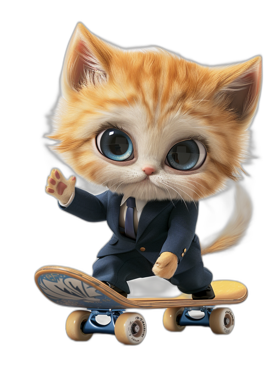 Cute cat cartoon character in a suit riding on a skateboard, blue eyes, ginger color with white fur, black background, 3D render, in the style of Pixar, cute character design, full body shot.