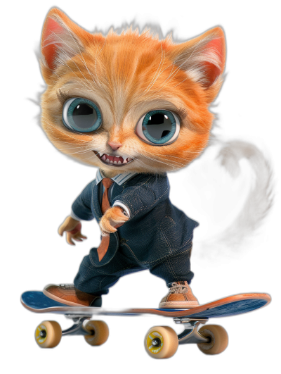 Cute cat in suit and tie riding skateboard, with big eyes and a happy face, on a black background, in the style of Pixar, in a full body shot from head to toe.