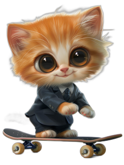 A cute happy baby cat in a suit, with big eyes, standing on a skateboard, in the style of a vector illustration with a black background, with detailed character illustrations, cartoon characters, cartoon lines, cute expressions, a fluorescent color palette, color harmony, a vivid color scheme, high resolution, ultra-detailed, high definition, in the style of octane rendering, with high details, high quality, hyper-realistic.