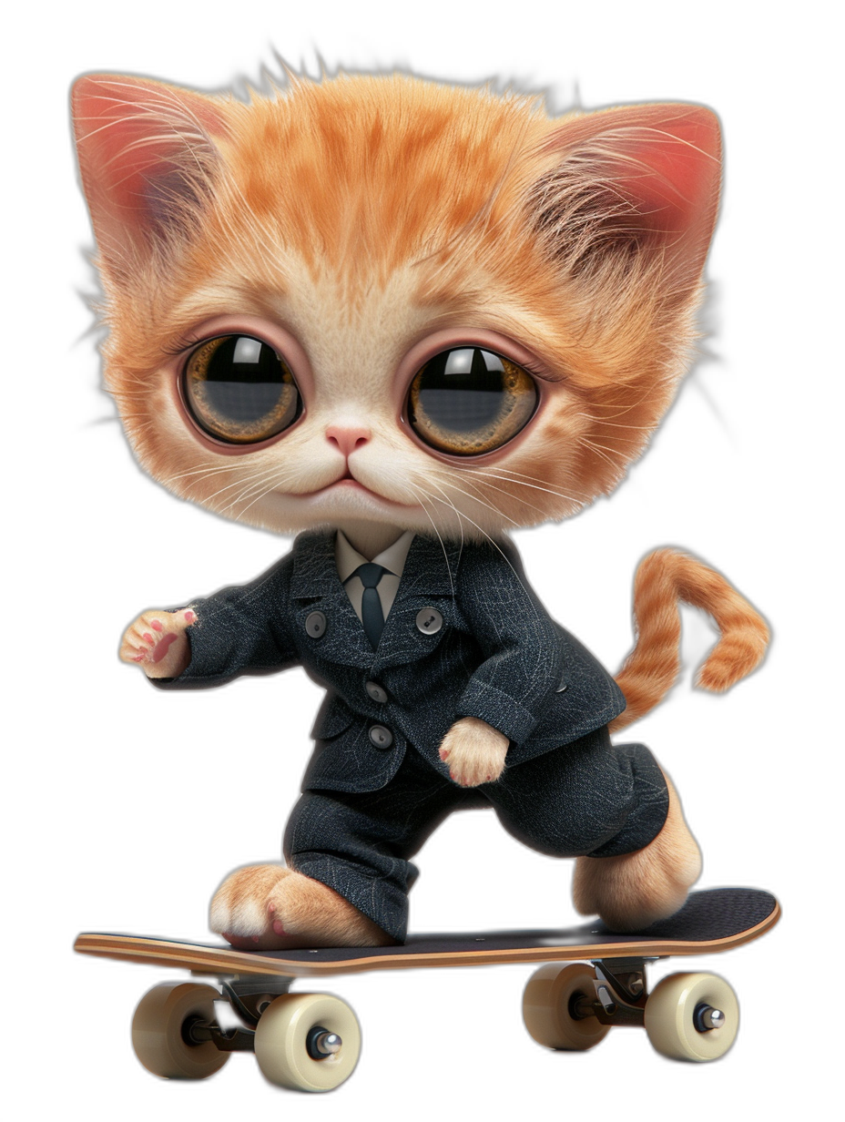 A cute ginger cat in a suit, riding on a skateboard, with big eyes, on a black background, in the chibi style, with hyper realistic fur, as a 3d render.