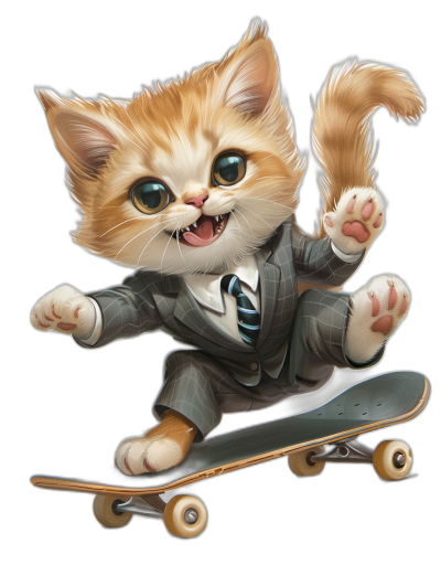 A cute happy smiling cat in a suit and tie riding on a skateboard in the style of [Tiago Hoisel](https://goo.gl/search?artist%20Tiago%20Hoisel), caricature-like, playful perspective, black background