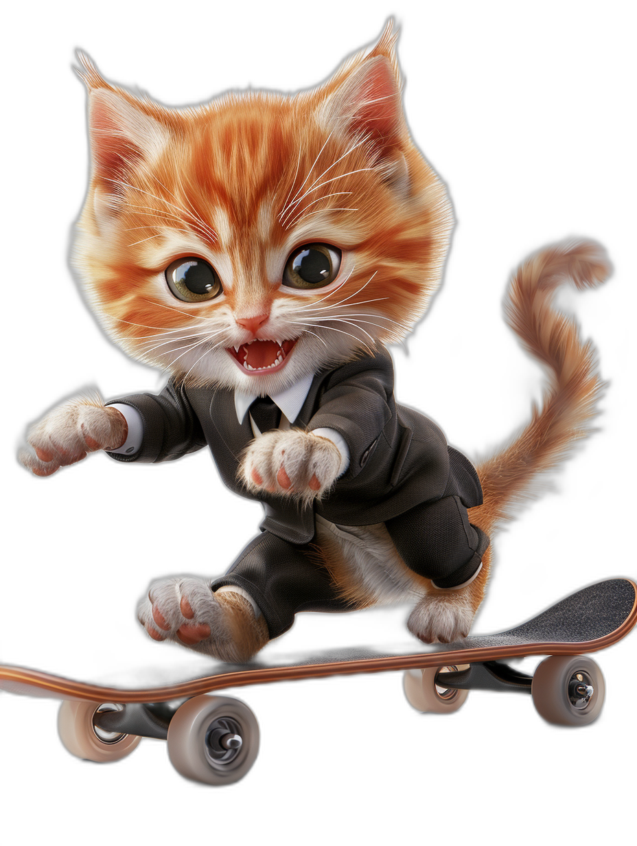 digital art of cute kitten , wear suit, skating on skateboard black background