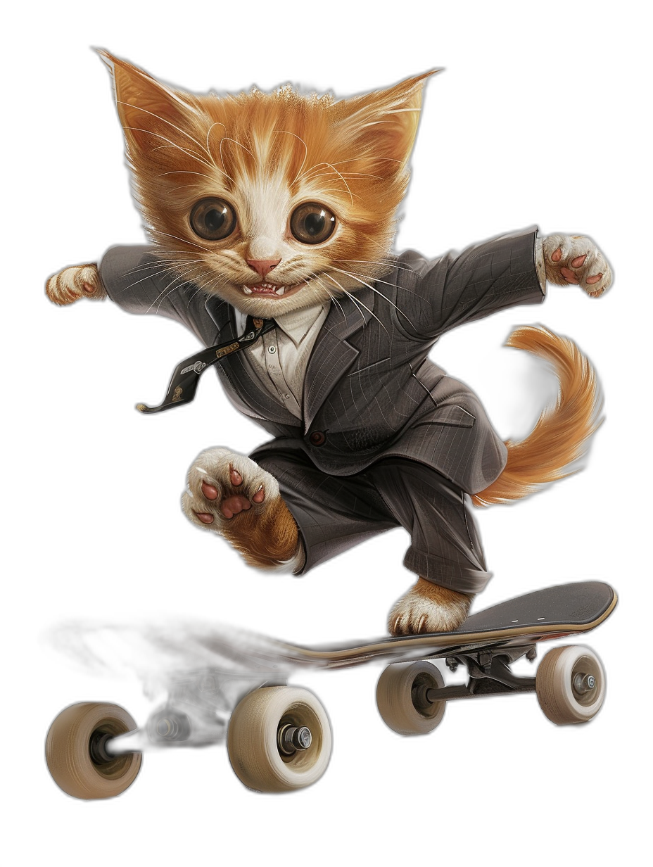 digital art of cute kitten , wear suit, riding skateboard , black background, clean lines, high resolution