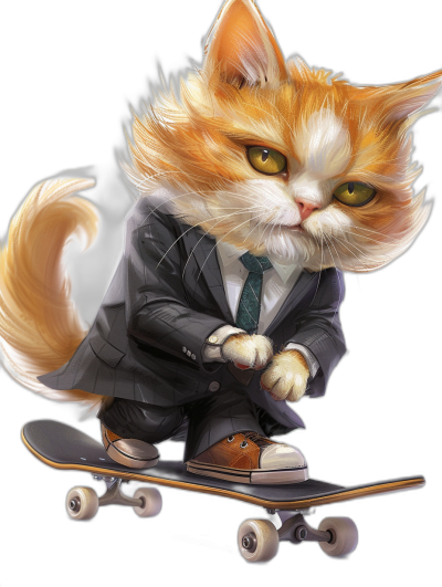 A ginger cat wearing a suit and tie, riding on a skateboard in the style of a cartoon, on a black background, a cute cat with big eyes, the cat is smiling while skateboarding, the cat has a fluffy tail, white fur around the mouth area, a digital art vector illustration in the style of a digital painting, high resolution, high details, high quality, sharp focus, professional studio lighting, a dark green shirt, brown shoes, a green ribbon in the cat's hair.