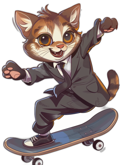 Cute cat in suit riding on skateboard, vector illustration style with black background. The cartoon character is smiling and wearing shoes that match the skateboarding boarder. It has large eyes and ears, giving it an adorable appearance. The overall design exudes energy and playfulness, making for a delightful depiction of a stylish feline engaged in sporty fun.