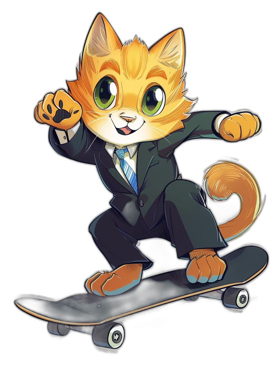 A cartoon cat in a suit and tie riding on a skateboard, in the vector illustration style with a black background, a cute anime character design, high resolution, sticker art, with detailed green eyes, orange fur, in a full body pose, a cool action shot of skateboarding, with detailed hands holding the hand of his dog. A simple yet charming depiction of an anthropomorphic yellow kitten dressed as a business man is depicted on its back playing an electric guitar while standing up riding a longboard. In the vector graphics style with a black background.