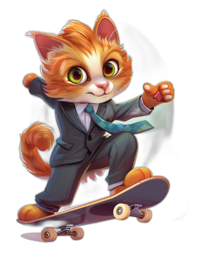 A cute orange cat in a suit and tie riding on a skateboard, in the cartoon style, on a black background, concept art in the style of Pixar, cgsociety, character design.