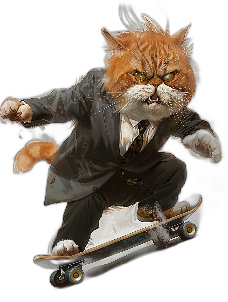 realistic digital illustration of an angry ginger cat in suit and tie, riding on skateboard, black background, full body portrait,