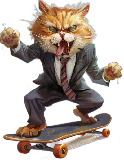 realistic digital illustration of an angry ginger cat in suit and tie, riding on skateboard, black background, full body portrait view