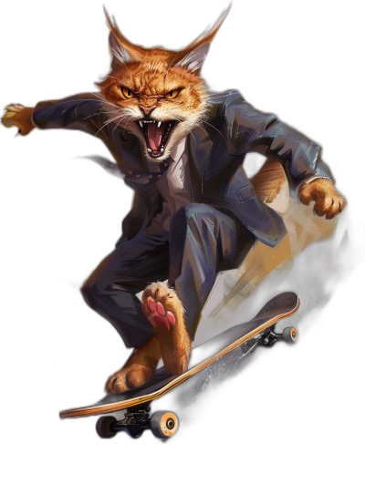 realistic digital illustration of an angry cat in suit, riding on skateboard and doing kickflip, black background, full body portrait,