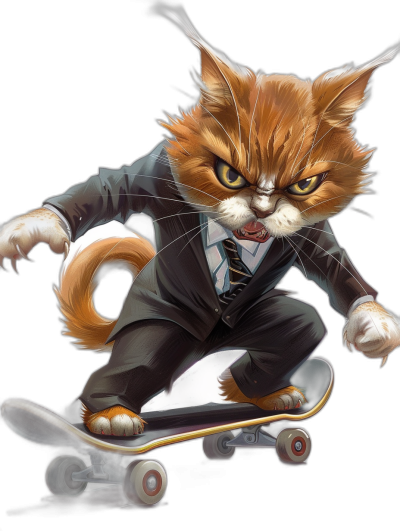 realistic digital illustration of an angry ginger cat in a suit and tie, riding on a skateboard, black background, in the style of blue colors, in the style of J Scott Campbell