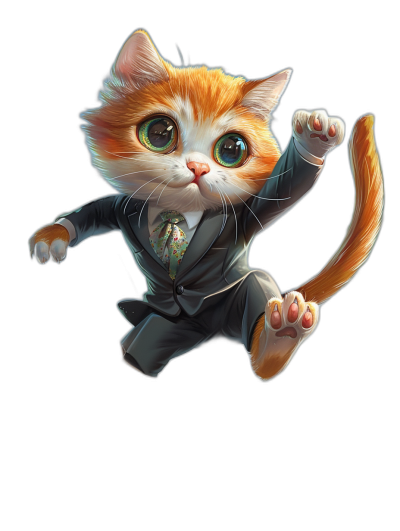 Cute cat in a suit in a flying kung fu pose against a black background in the style of a cartoon with cute green eyes. It is a digital art digital painting 2D illustration with detailed rendering in a fantasy realistic style with a cute character design at a high resolution with professional photography and sharp focus under studio lighting.