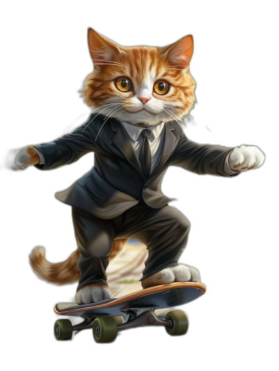 realistic digital illustration of cute ginger cat in suit, riding on skateboard, black background, full body portrait view, bright and vibrant colors