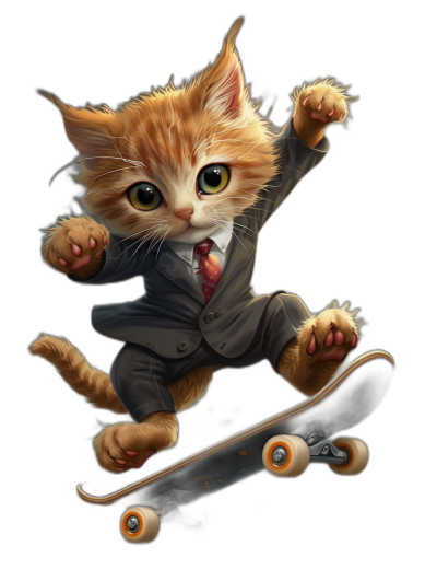 digital art of cute kitten , wear suit and tie, skating on skateboard black background