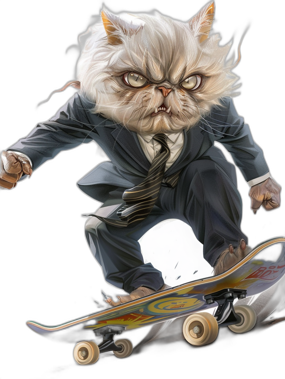 full body caricature of an angry cat in a suit and tie, riding on a skateboard, detailed background, in the style of photorealistic