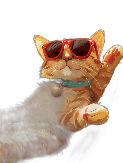 digital art of a cute and fat orange cat, wearing red sunglasses with its hand up in a high five pose against a black background, with a chill smiling expression in the style of Pixar.