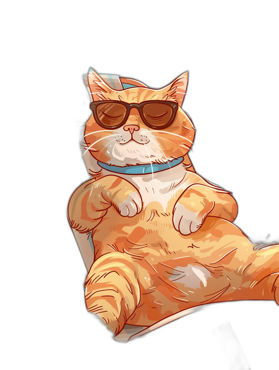 digital art of a cool fat orange cat, wearing sunglasses and a t-shirt, hand up to the camera, black background, minimal style, chill happy expression, full body in frame, white blue collar around its neck in the style of minimal style.