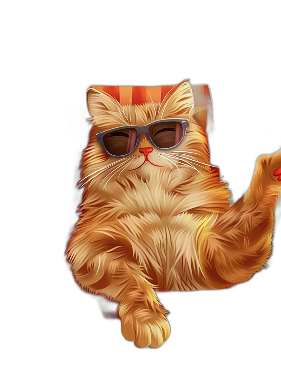 digital art of a cool fat orange cat, wearing sunglasses, sitting on a chair with a black background and a hand up to make a phone call, in the style of minimal style