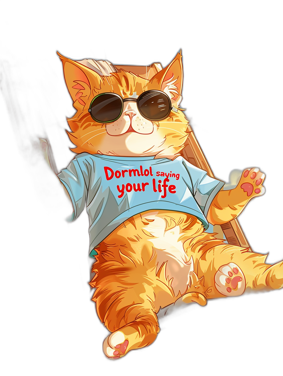 Cute orange cat wearing sunglasses and a t-shirt with text “DormWinol” lying in bed on a black background. The vector illustration shows the cat in the style of a logo design icon in a cartoon style. The digital art depicts the full body of the cute and adorable pet animal having fun in a high quality and detailed style.