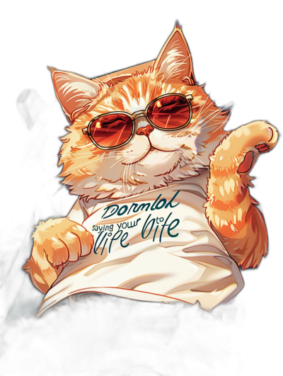 A cute orange cat wearing sunglasses and a white t-shirt with the words "-doomsday says your life" written on it, pointing at the viewer against a black background, vector art in the style of anime and detailed 2D game graphics.