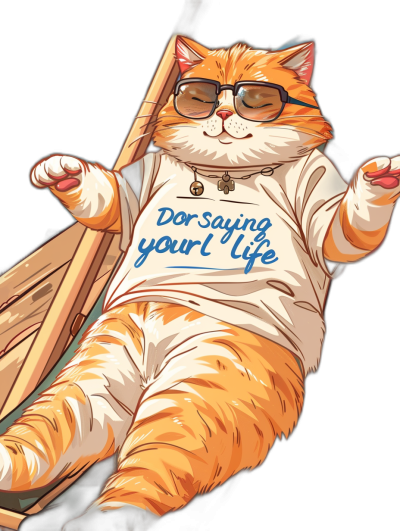 vector design of an orange fat cat wearing glasses and holding onto the side of a boat, t-shirt style with the words "Dorsing your life" on the t-shirt, full body shot, in the style of a cartoon