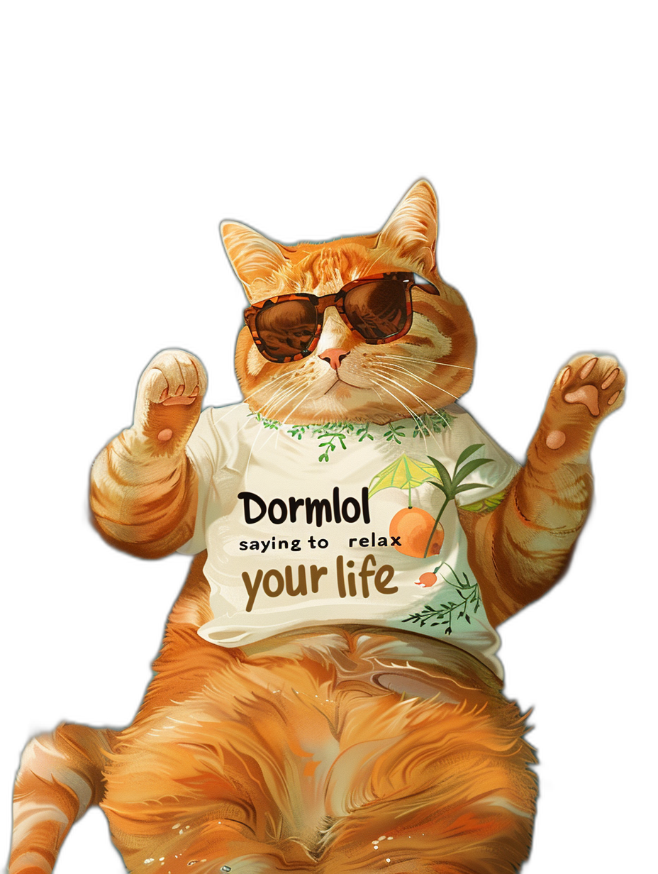 digital art of a cool and fat orange cat, wearing a t-shirt with text “Dorm Prym relax your life”, sunglasses, hand up to the camera, black background, chill vibe, funny pose.