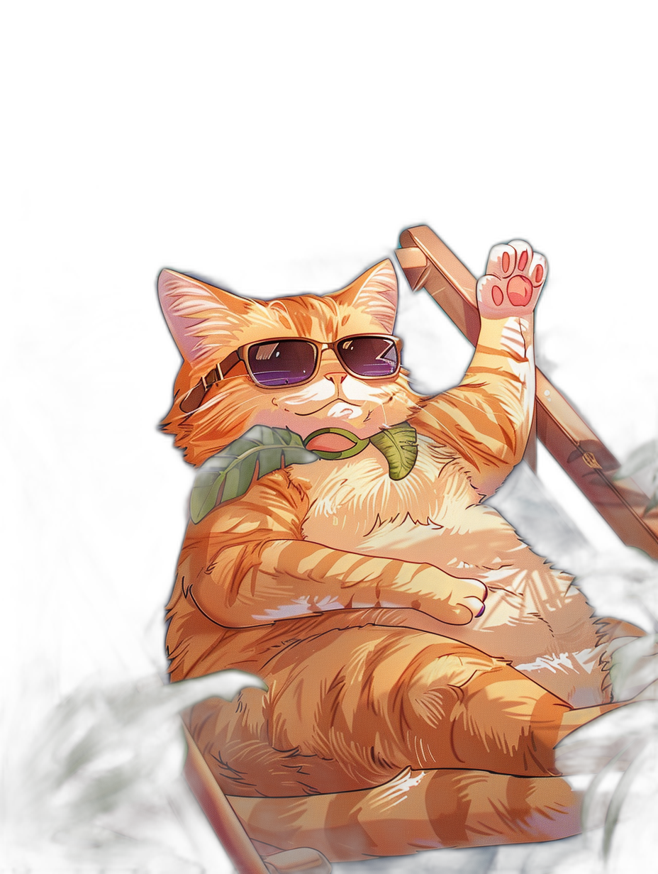 digital art of cute and fat orange cat , wear sunglasses, holding green leaves in hand sitting on the chair with black background , wearing red shirt , chilling happy expression . angle view from above head full body