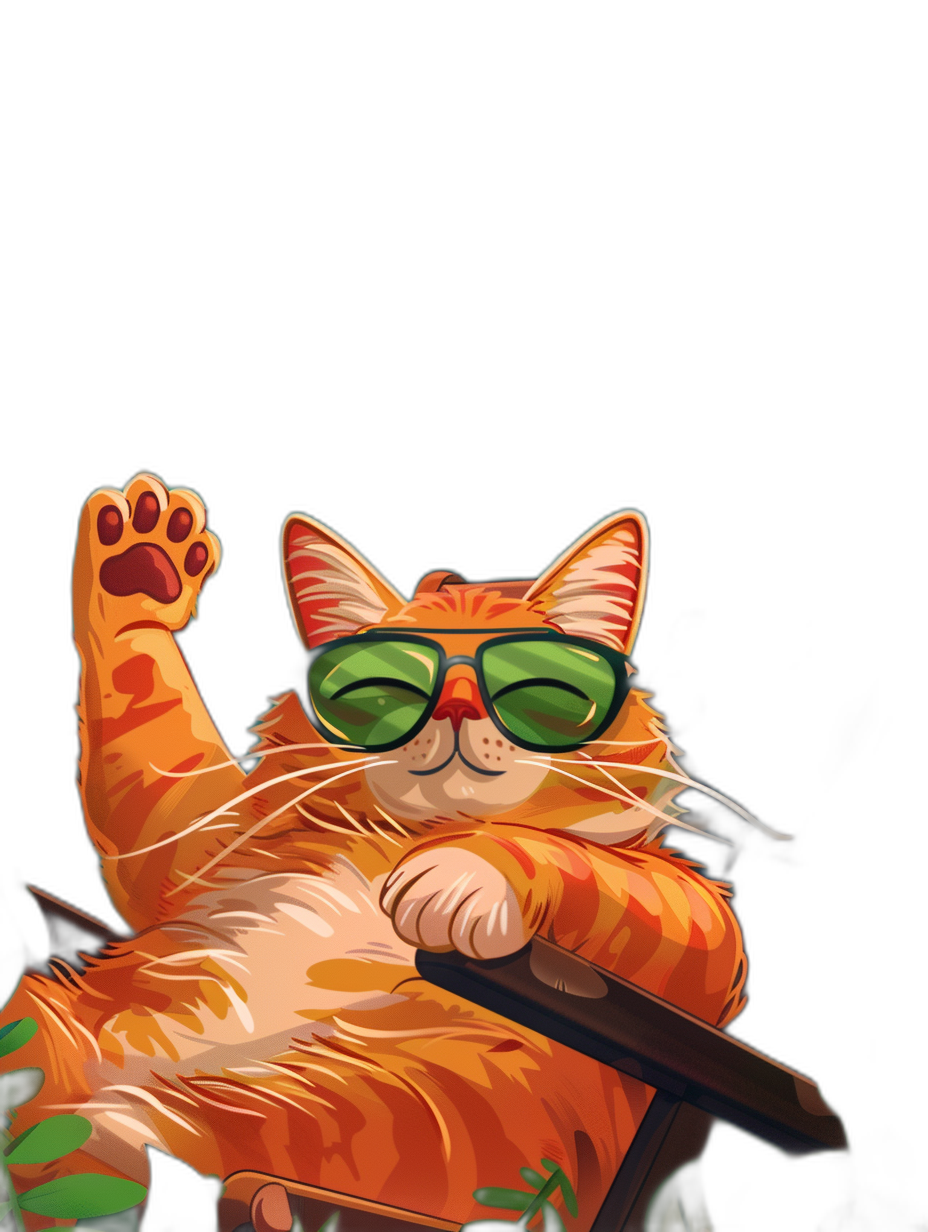 digital art of cool fat orange cat , wearing sunglasses, sitting on the chair with black background and table in front, hand up high5 giving five fingers to me