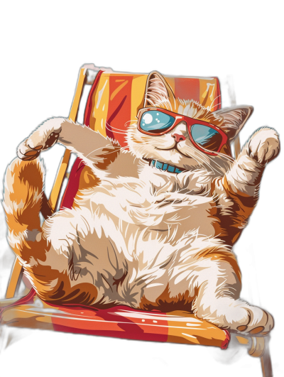 digital art of cool fat cat , wearing sunglasses, sitting on the deck chair with belly out and hanging one leg up , chill happy expression in comic style , black background , cute painting for kids