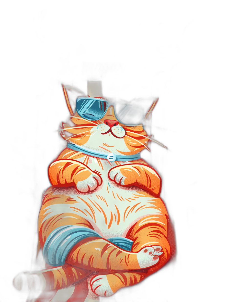 An orange and white cat wearing blue sunglasses, sitting on its belly with its legs up in the air, on a black background in the style of a colorful, 3D rendered, cartoon style, low angle shot, illuminated from behind, silhouette, light painting with dark colors, front view, close-up.