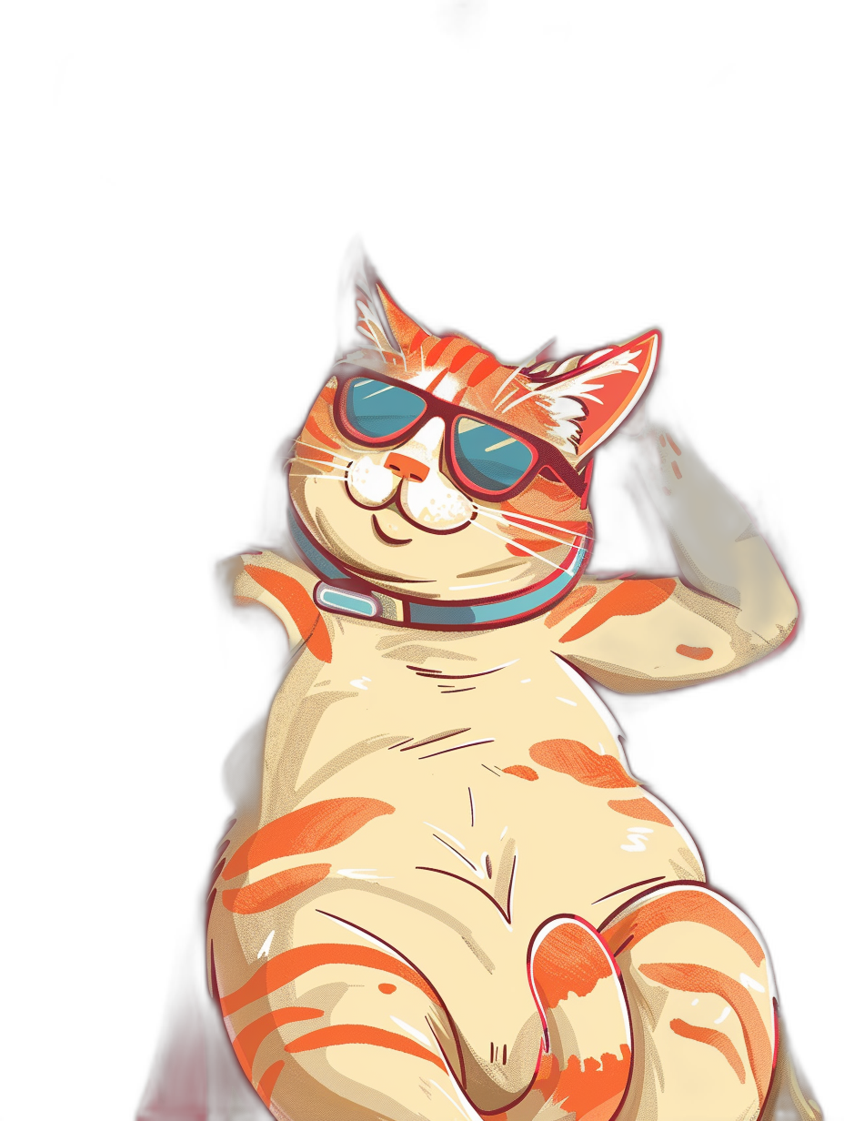 A happy orange and white striped cat wearing sunglasses, with his belly hanging out in the air, on a black background, in the style of vector art, featuring cartoony characters, created as a digital painting, with high resolution.