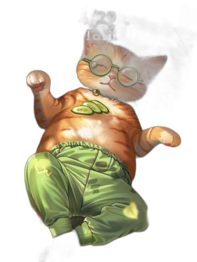 a cute orange tabby cat with glasses and green pants, fat belly, doing the yoga pose for "4/29" in anime style, dark background, hyper realistic, cartoonish