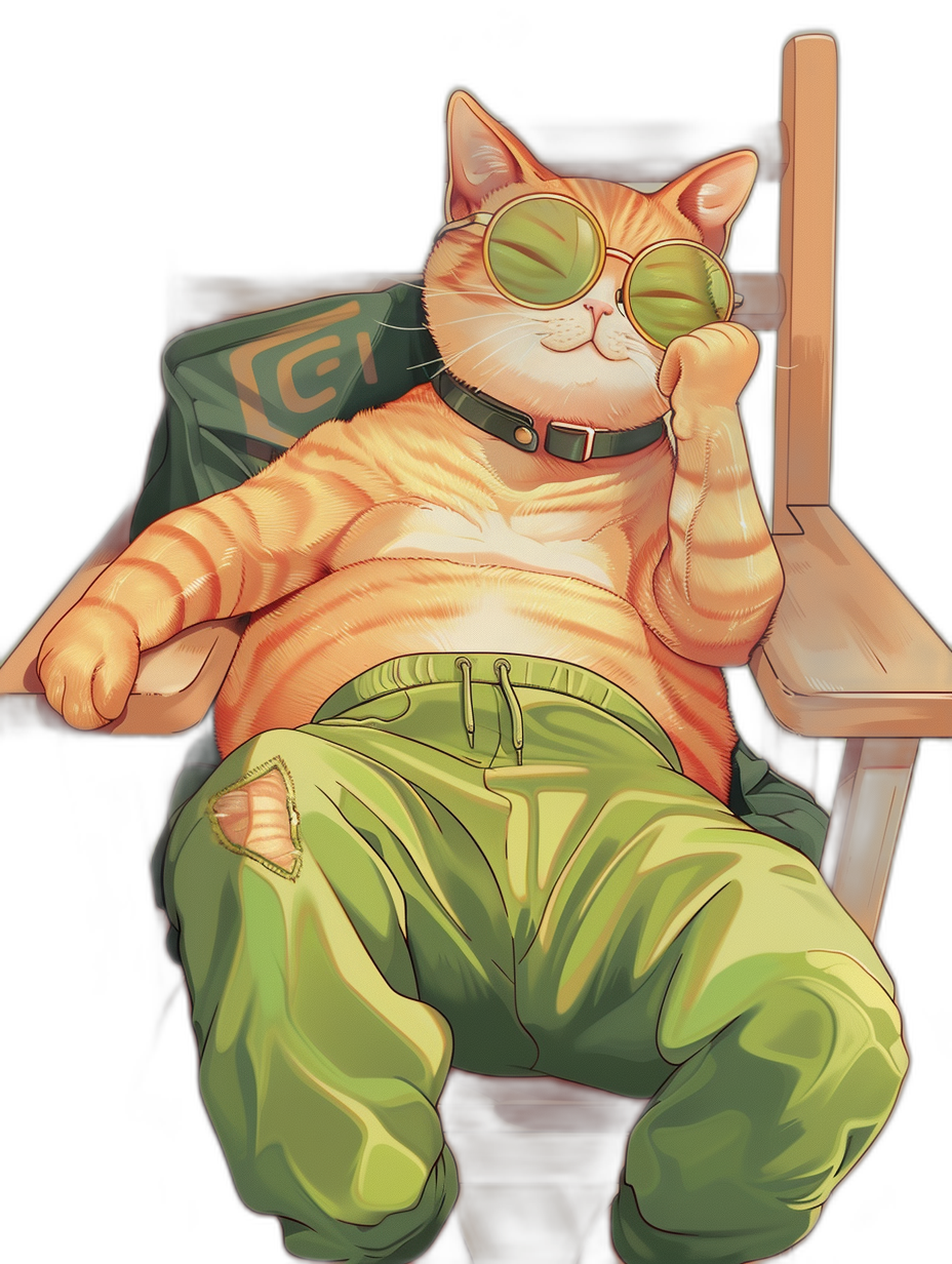 A cute orange cat, wearing green cargo pants and sunglasses, lies on the chair with his head tilted back asleep. The background is black, creating an anime style in the style of anime.