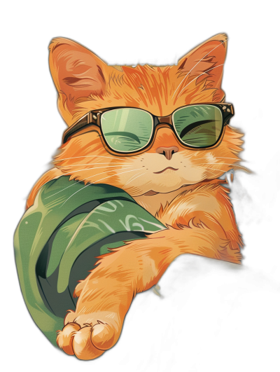 t-shirt design, Cool Orange Cat with sunglasses and a green shirt sleeping on a black background vector illustration, full body, colorful detailed digital painting and drawing in the style of ArtStation