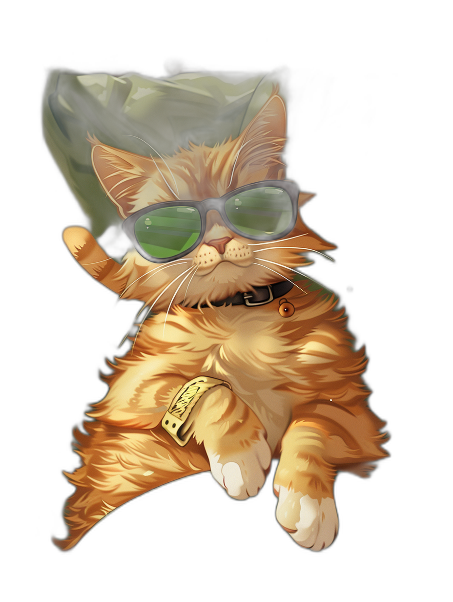 A cute happy ginger cat with green sunglasses and an army hat floating in the air against a black background. The art style is vector with detailed character illustrations and texture-rich canvases. There are strong lighting contrasts with a playful use of line. The image is high resolution and graphic novel-inspired with a subtle ink application in the style of an ink artist.